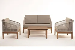 "Канны" лаунж-зона 4-местная из роупа со столиком "Канны" цвета "дуб", основание дуб, роуп бежевый