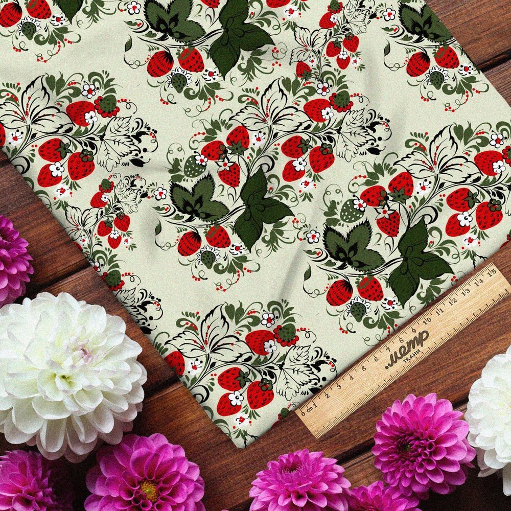 Ткань таффета земляника с листьями