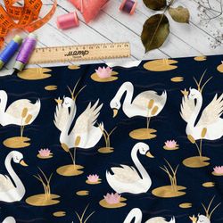 Ткань оксфорд 600 белые лебеди с кувшинками на чёрном фоне