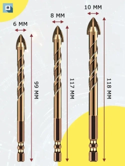 Ударное сверло из титана 3 шт Halfmon набор свёрл для керамики , бетона , кирпича