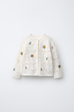 ZARA ВЯЗАНЫЙ КАРДИГАН С ВЫШИВКОЙ В ВИДЕ ЦВЕТОВ, ЭКРЮ