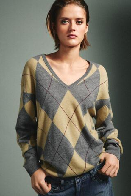 ZARA СВИТЕР ИЗ 100% ШЕРСТИ С УЗОРОМ «РОМБЫ», ЗЕЛЕНЫЙ/СЕРЫЙ