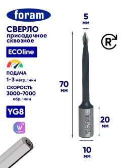Сверло сквозное присадочное FORAM D5x45x70-RH Правое вращение