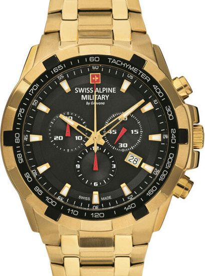 С браслетом Мужские наручные часы с золотистым браслетом Swiss Alpine Military 7043.9117 chrono 46mm 10ATM