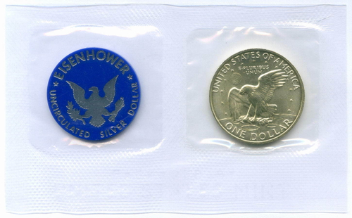 1 доллар 1972 год (S). США. Эйзенхауэр. Серебро, диаметр 38.1 мм. UNC с жетоном в родной запайке
