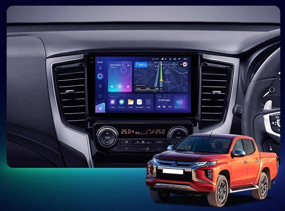 Магнитола для Mitsubishi L200 2019-2024 (правый руль, климат) - Carmedia SF-9308 QLed+2K, Android 13, TS20, CarPlay, 4G SIM-слот