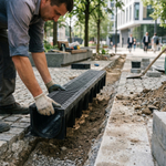 Комплект водоотводный Gidrolica Standart DN100: пластиковый лоток ЛВ-10.14,5.08 + чугунная щелевая решетка РВ-10.13,6.50, кл. C250