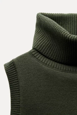 ZARA ТРИКОТАЖНЫЙ ЖИЛЕТ С ВЫСОКИМ ВОРОТНИКОМ, ХАКИ