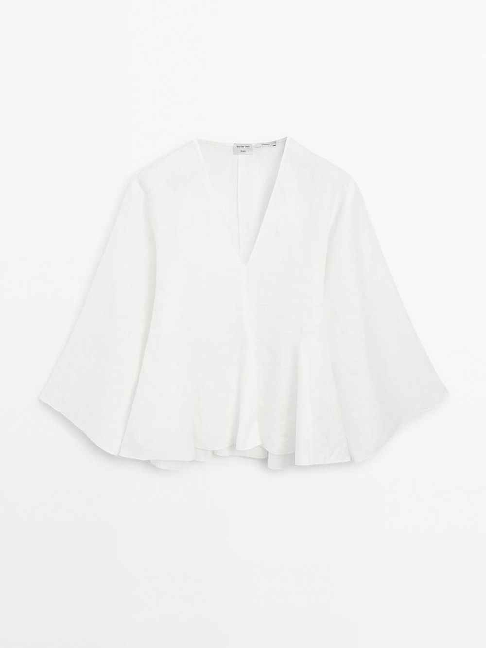 Massimo Dutti Блузка из 100% льна с деталями годе - STUDIO, белый