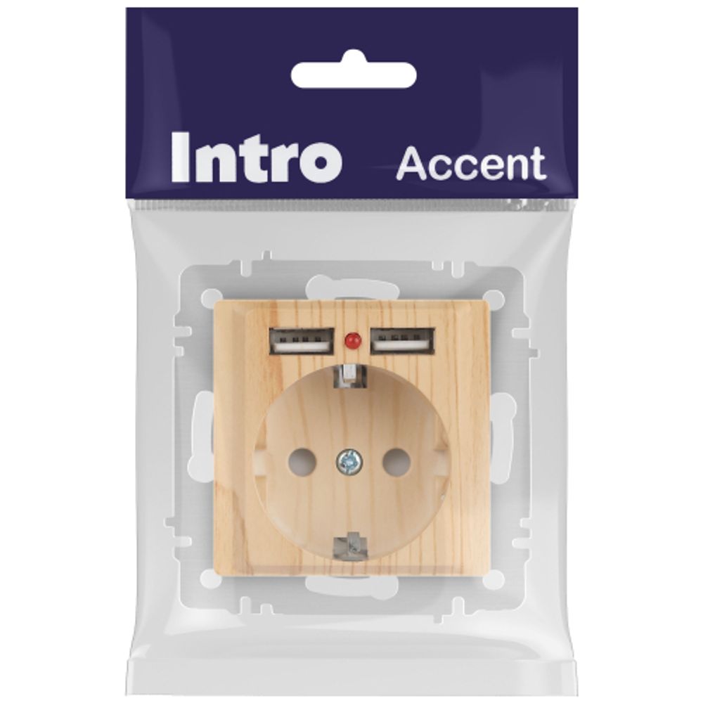 Розетка Intro Accent 6-410-11 , P+E Schuko со шторками, 16А-250В + 2хUSB, IP20, СУ, сосна | Intro