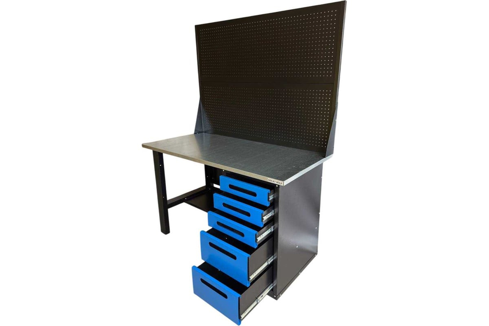 Верстак GWT-V1400B5 однотумбовый, 5 ящиков, с двумя экранами, синий 1400x700, Great Wolf
