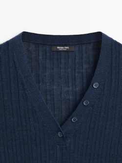 Massimo Dutti Вязаный льняной свитер с пуговицами, темно-синий