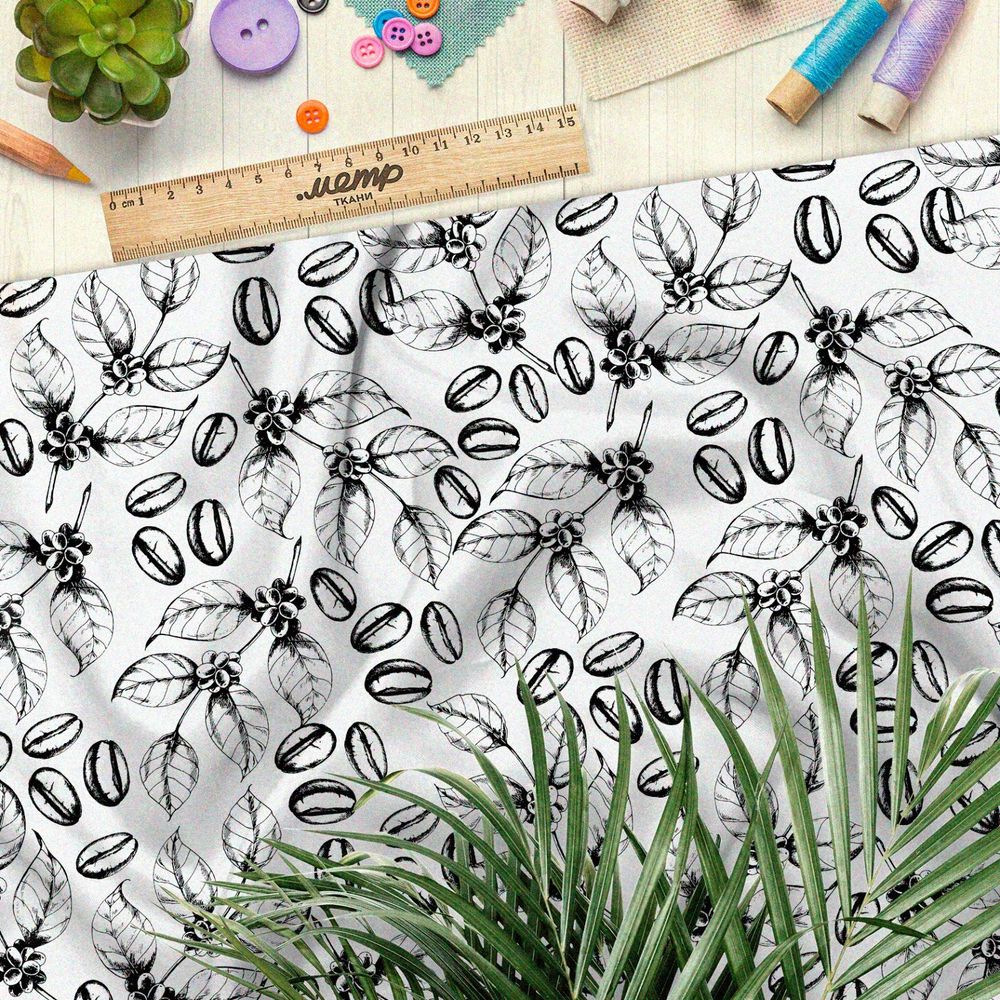 Ткань интерлок эскиз кофейных листьев и зёрен