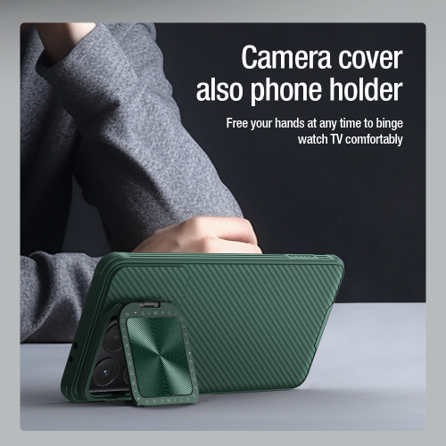 Чехол зеленого цвета (Deep Green) от Nillkin для Xiaomi Poco F6 Pro с металлической откидной крышкой и поддержкой магнитной беспроводной зарядки MagSafe, серия CamShield Prop Magnetic