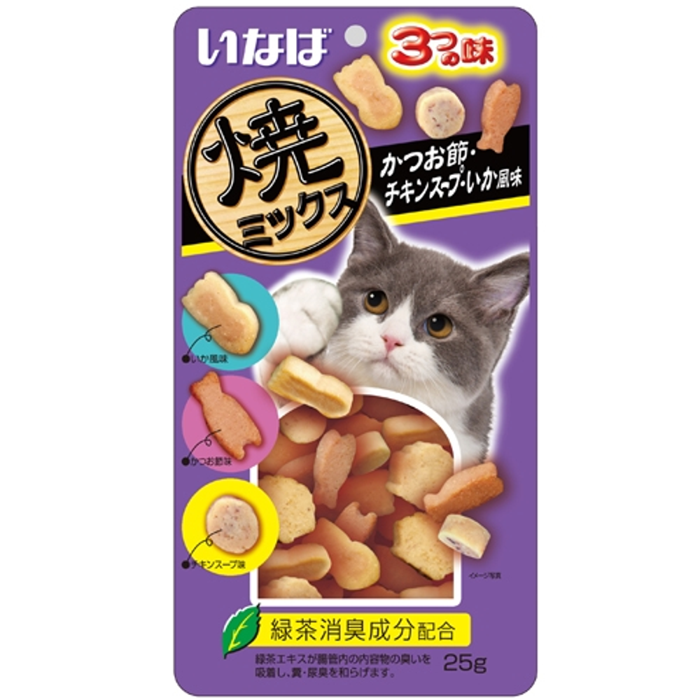 Qsc-122 inaba yaki miksu запеченное лакомство для кошек со вкусом кацуобуси, куриного бульона и кальмара 25г