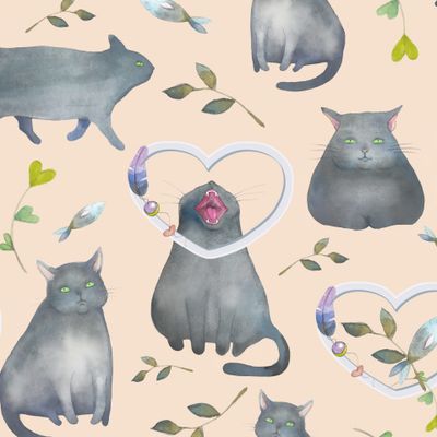 Акварельные коты в разных позах на бежевом фоне.