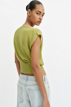 ZARA ТРИКОТАЖНЫЙ ТОП С ДЕКОРОМ, ОЛИВКОВЫЙ