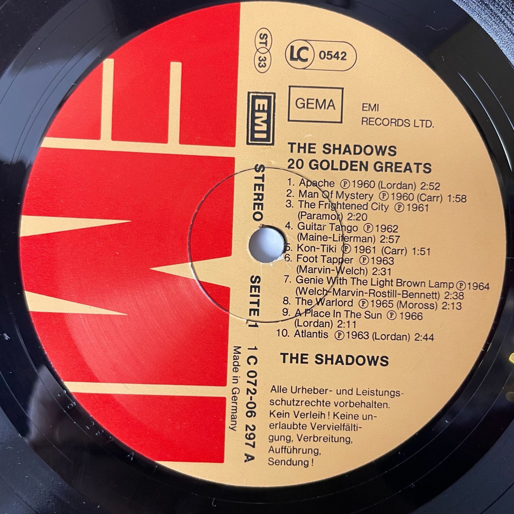 Винтажная виниловая пластинка LP The Shadows 20 Golden Greats (Germany 1977)