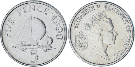 Гернси 5 пенсов, 1990 - 1997 Елизавета II XF