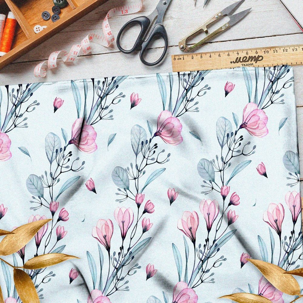 Ткань интерлок веточки магнолии с цветами