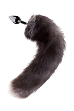 Большая серебристая металлическая анальная втулка с хвостом-чернобуркой (Цвет: черный с серым)