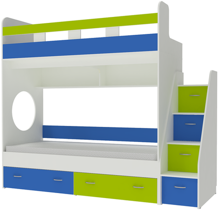 Двухъярусная кровать КарИВи Юниор 1 90х200Белое Дерево Голубой, Лайм