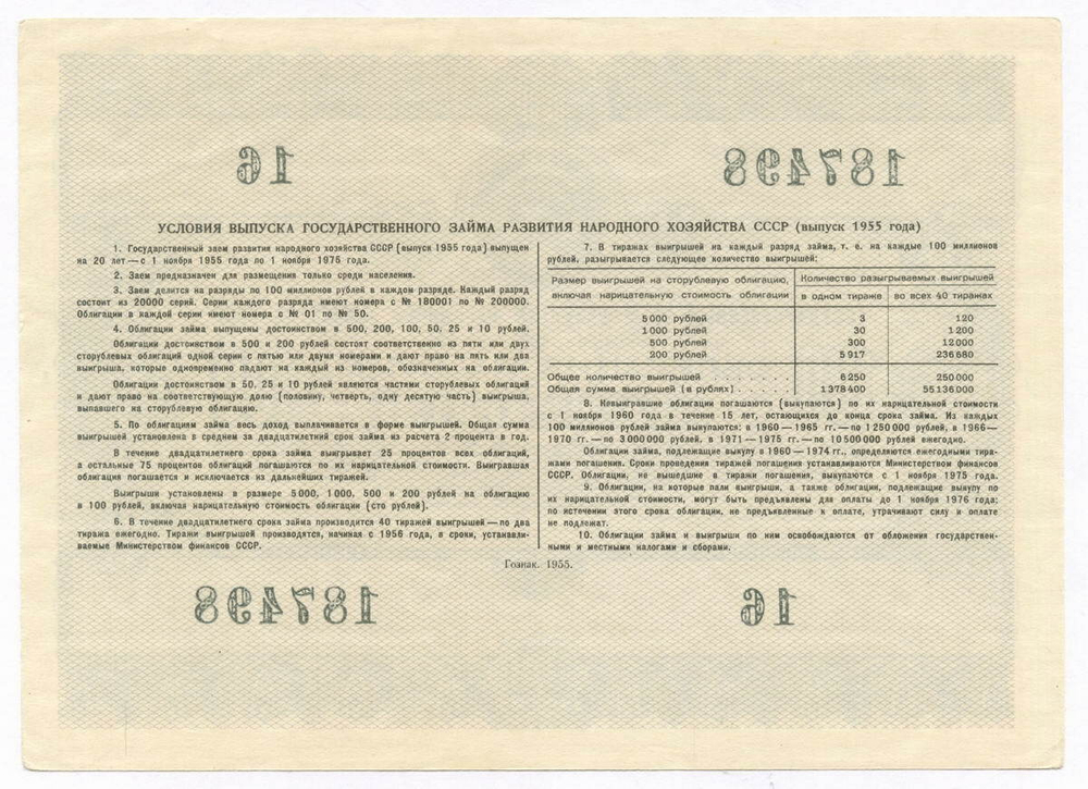 Облигация 100 рублей 1955 год. Серия № 187498. XF