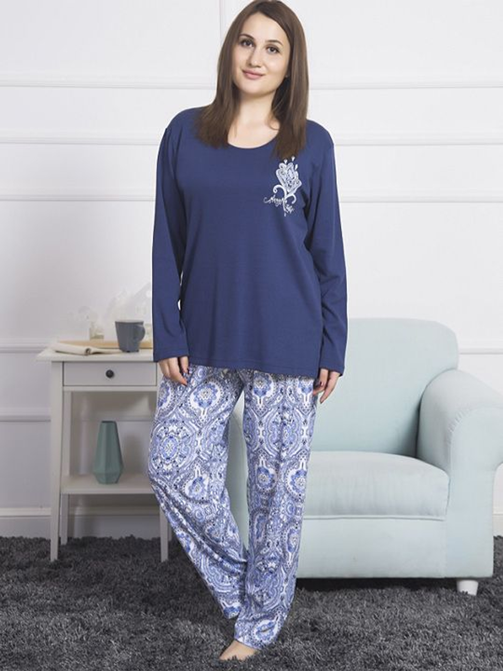 Милый женский домашний комплект с брюками прямого покроя (Размер: XXXL) (Цвет: темно-синий)