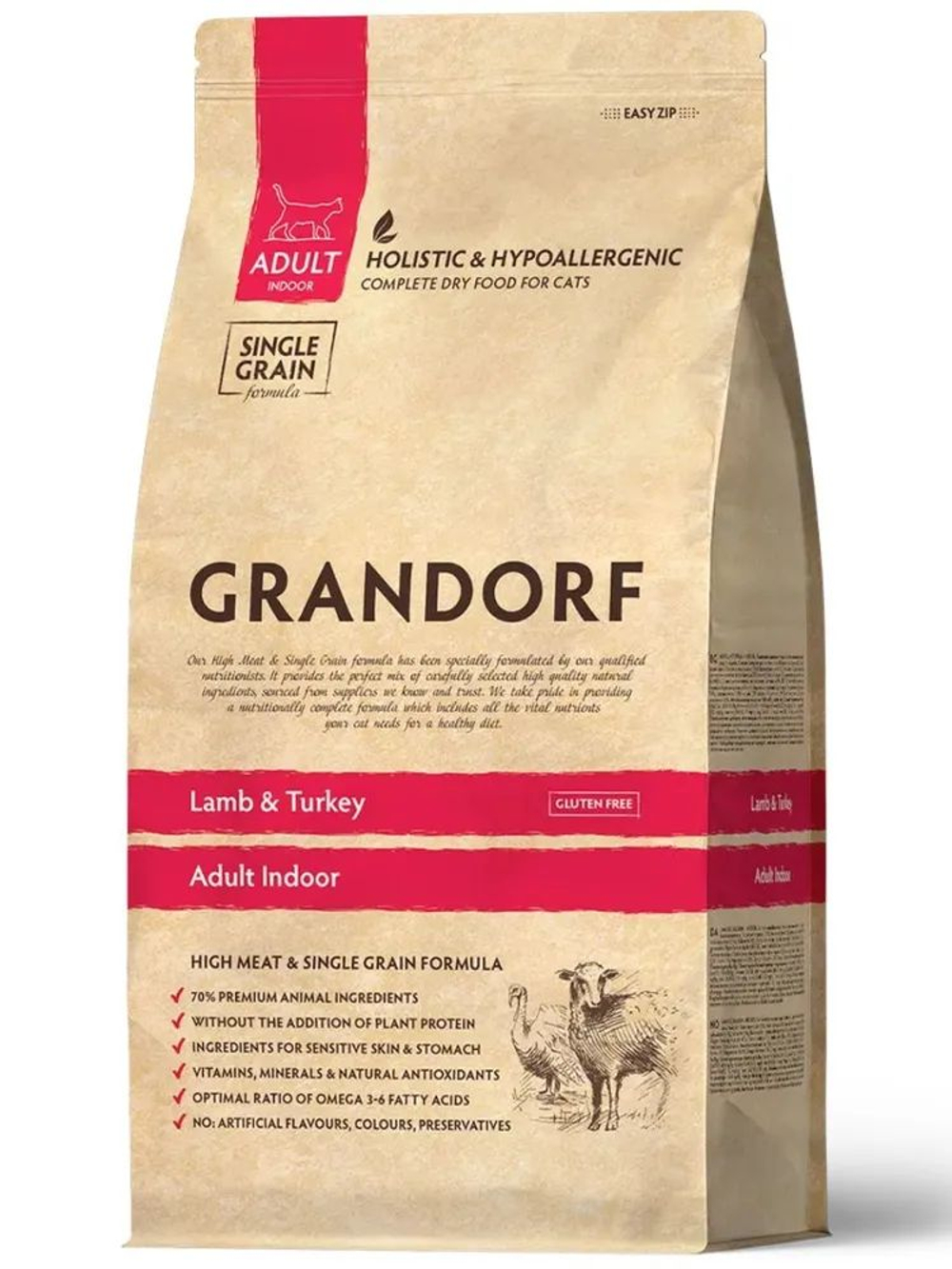 Корм сухой для домашних кошек, Grandorf Cat Lamb&Turkey Indoor Adult для взрослых кошек с нормальной активностью, чувствительным пищеварением или склонных к аллергии, 400 гр (ягненок с индейкой)