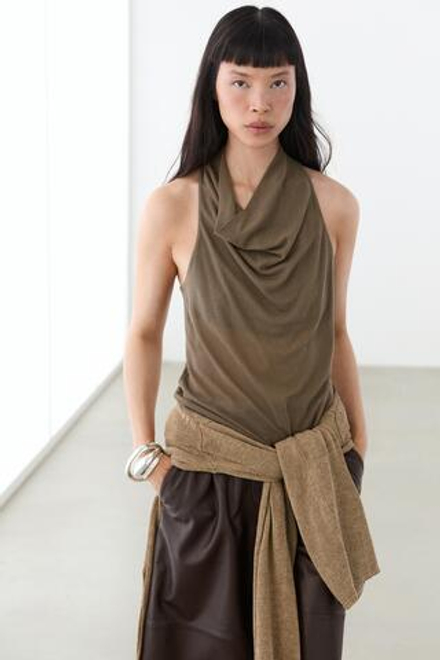 Massimo Dutti Топ из струящейся хлопковой ткани с горловиной халтер, кротово-коричневый