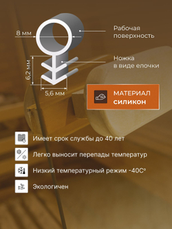 Врезной силиконовый уплотнитель из термостойкого материала для дверей и окон в бани и сауны 5 м.п.