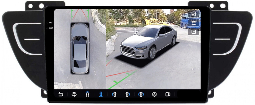 Магнитола для Geely Atlas 2018-2021 - FarCar BX3016M-360 монитор 9.5" 2K QLED на Android 13, 6Гб+128Гб, CarPlay, 4G SIM-слот, 4 камеры в комплекте