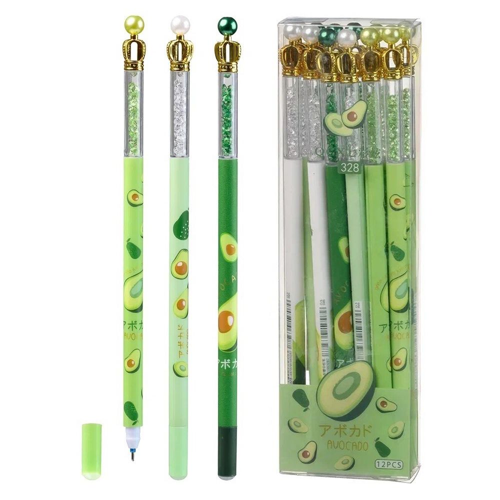Ручка гелевая, пиши-стирай, Basir, синие чернила, серия "Авокадо", цветной корпус со стразами, 12 шт Ручка гелевая, пиши-стирай, Basir, синие чернила, серия "Авокадо", цветной корпус со стразами, 12 шт