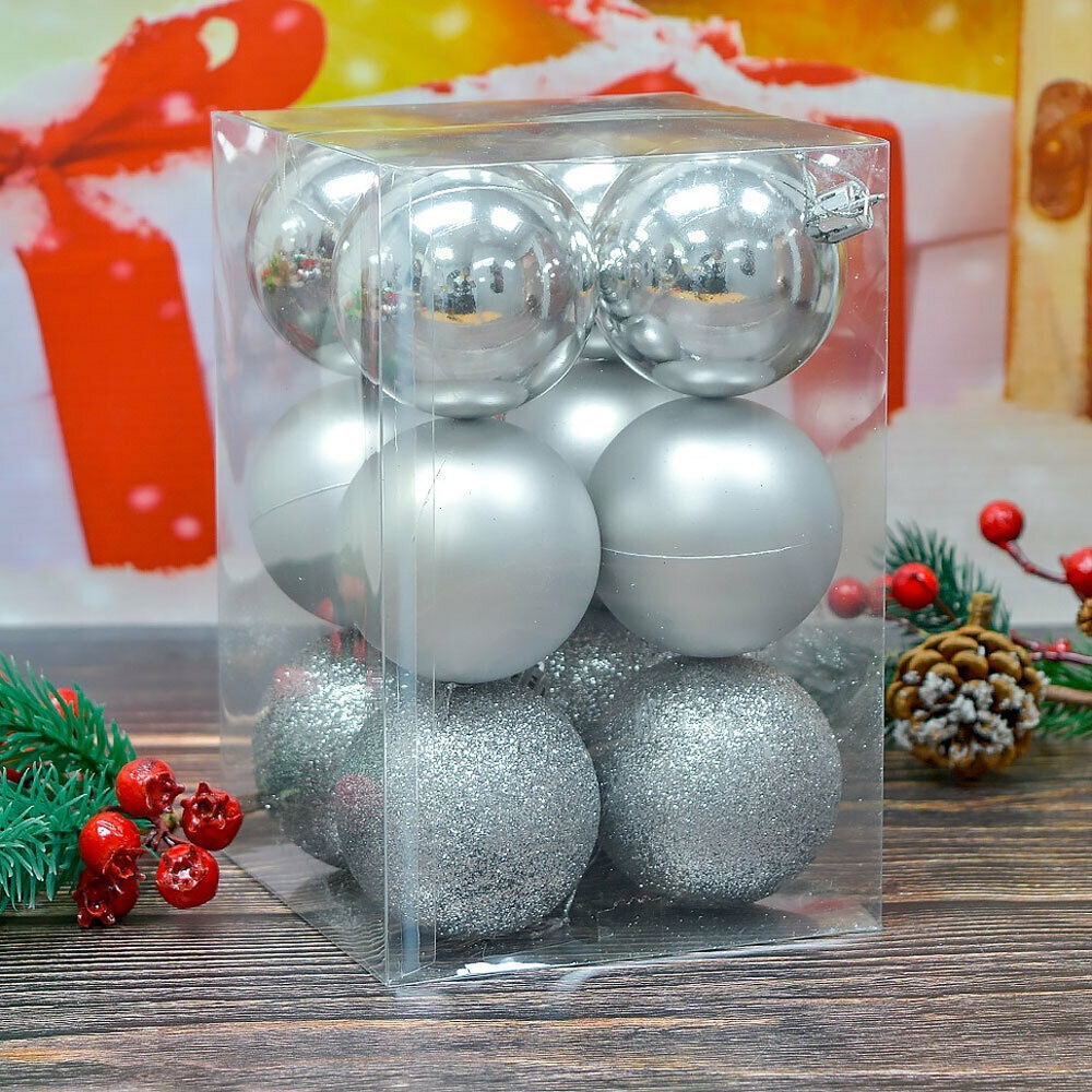 Шар новогодний 12шт 6см, цвет серебро, пластик
