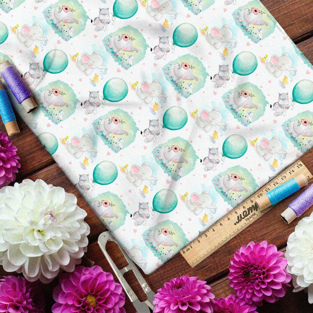 Ткань флис слоны и бегемоты с воздушными шарами