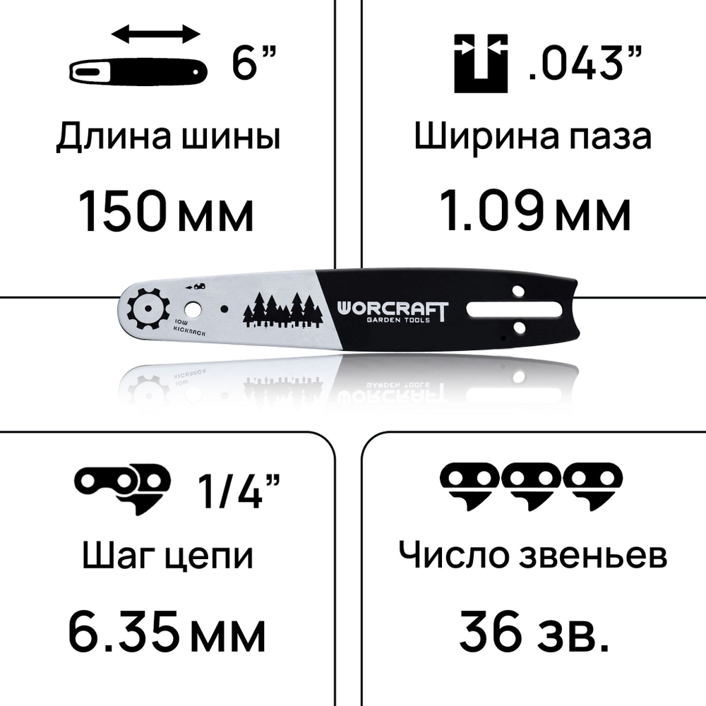 WORCRAFT Шина для бензопилы, цепной, аккумуляторной мини-пилы длина 6", шаг 3,5 см, звеньев 36.