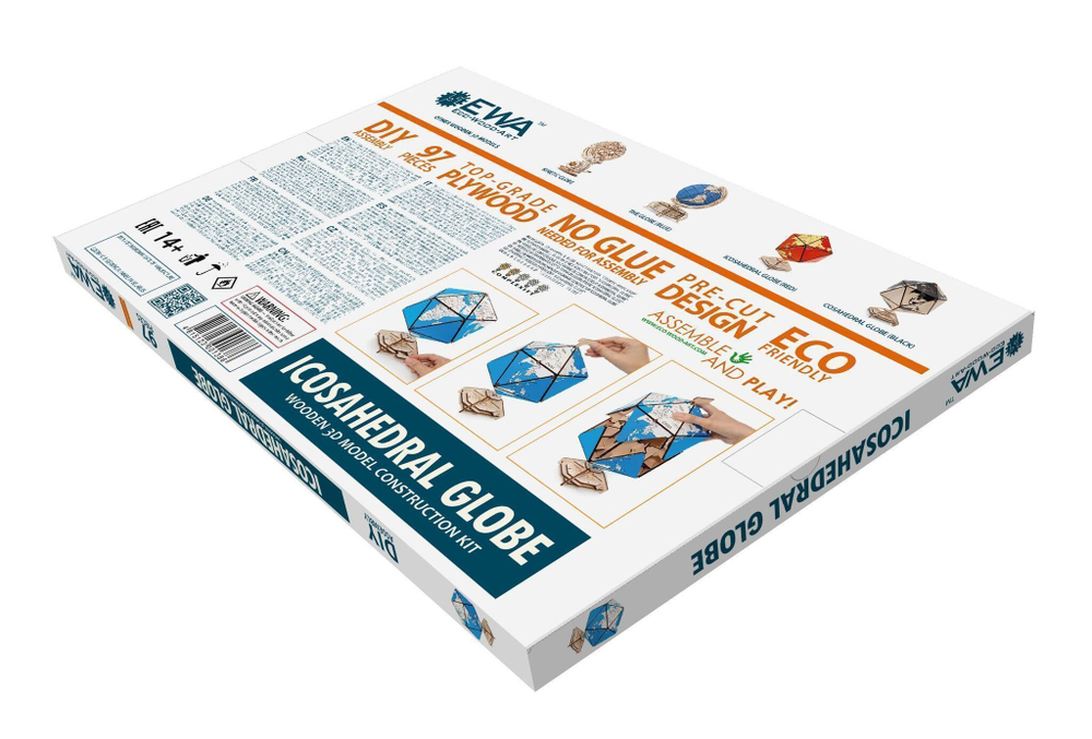 Конструктор деревянный 3D EWA Глобус Икосаэдр с секретом (шкатулка, сейф) синий