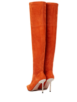 Женские замшевые рыжие ботфорты на шпильке со стразами