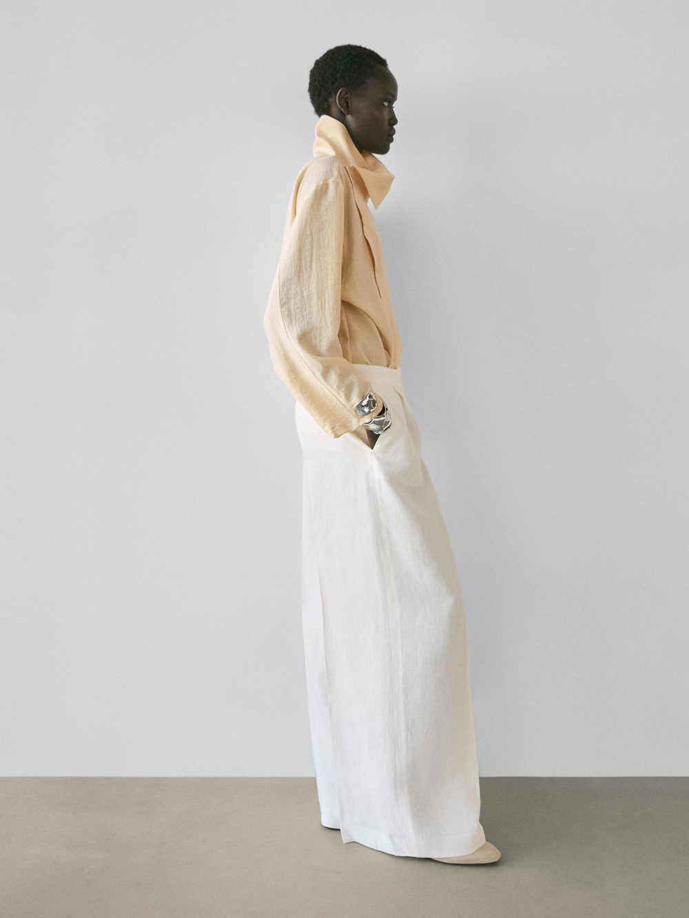 Massimo Dutti Брюки из струящегося льна, экрю