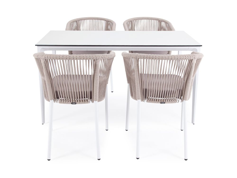 "Малага" обеденная группа на 4 персоны со стульями "Марсель", каркас белый, роуп бежевый