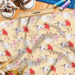 Ткань таффета летящие аисты и красные фонари на ветвях