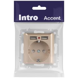 Розетка Intro Accent 6-410-04 с заземлением 2P+E Schuko со шторками 16А-250В + 2хUSB IP20 СУ шампань
