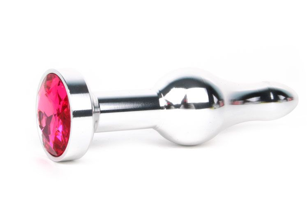 Удлиненная шарикообразная серебристая анальная втулка с малиновым кристаллом - 10,3 см. (Цвет: малиновый)
