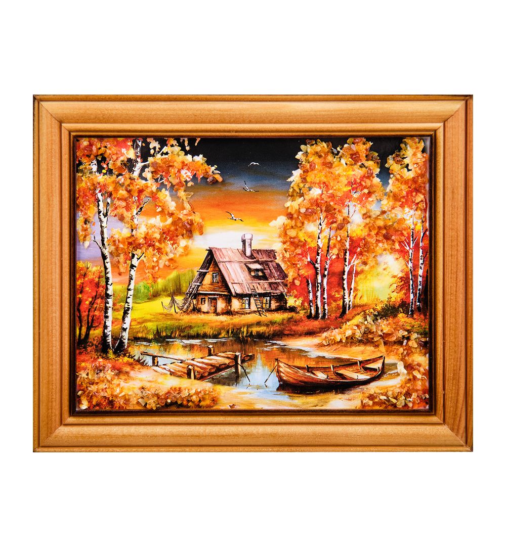 AMB-74/59 Картина «Избушка у озера» (с янтарной крошкой) дер.краш.рамка 12х15