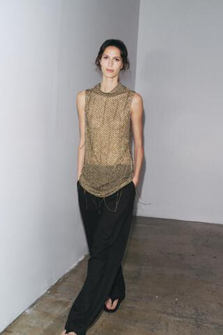 ZARA МИНИ-ПЛАТЬЕ С ВЫШИВКОЙ И БУСИНАМИ, ЗОЛОТИСТЫЙ