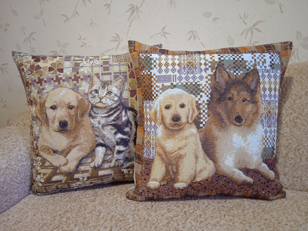 Декоративный гобеленовый чехол Щенок и котенок 47х47