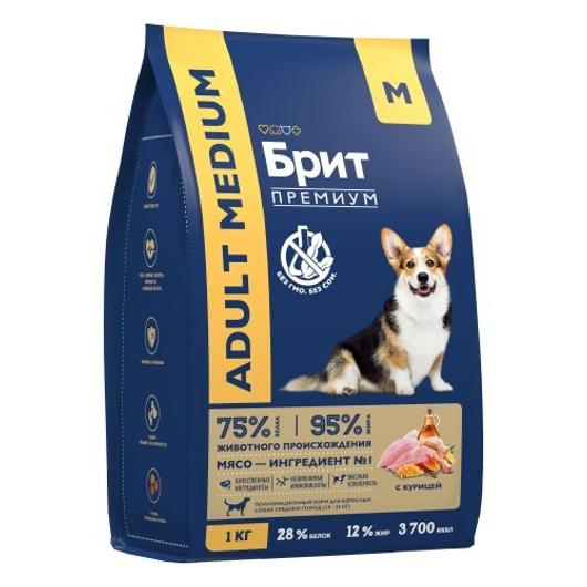 Сухой корм для собак средних пород Брит BRIT PREMIUM Dog Adult Medium с курицей, 1кг