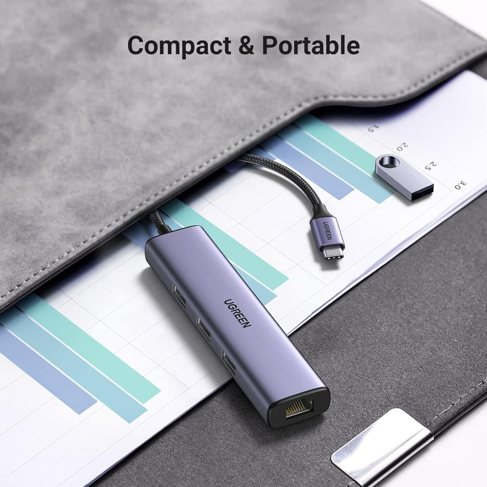 Конвертер USB 3.1 Type C на LAN RJ-45,1000Mbps + USB 3.0 HUB 3 port, 0.2m UGREEN 60600