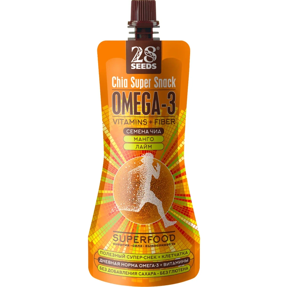 Супер-снек ЧИА ОМЕГА-3 «Манго + Лайм» 150 г 28SEEDS — вид спереди упаковки