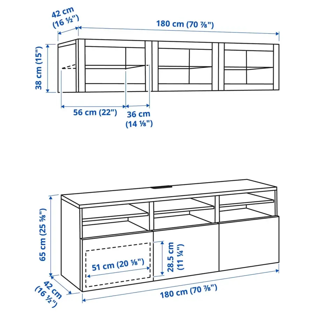 Комбинация для хранения ТВ - IKEA BESTÅ/BESTA, 192x42x180см, серый, БЕСТО ИКЕА